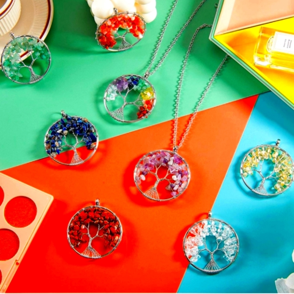 Tree of Life Wire Wrapped Chakra Energy Healing Pendant Necklace Set of 8 NWT - Picture 4 of 4